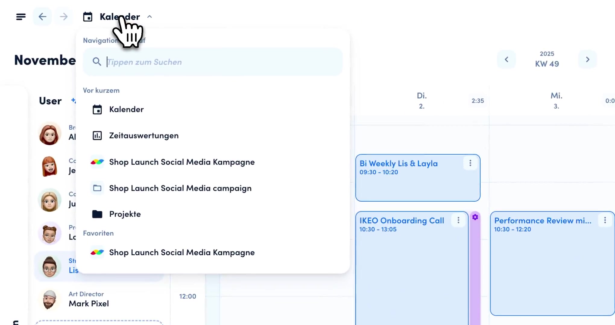 awork calendar with the team's time entries in the weekly view