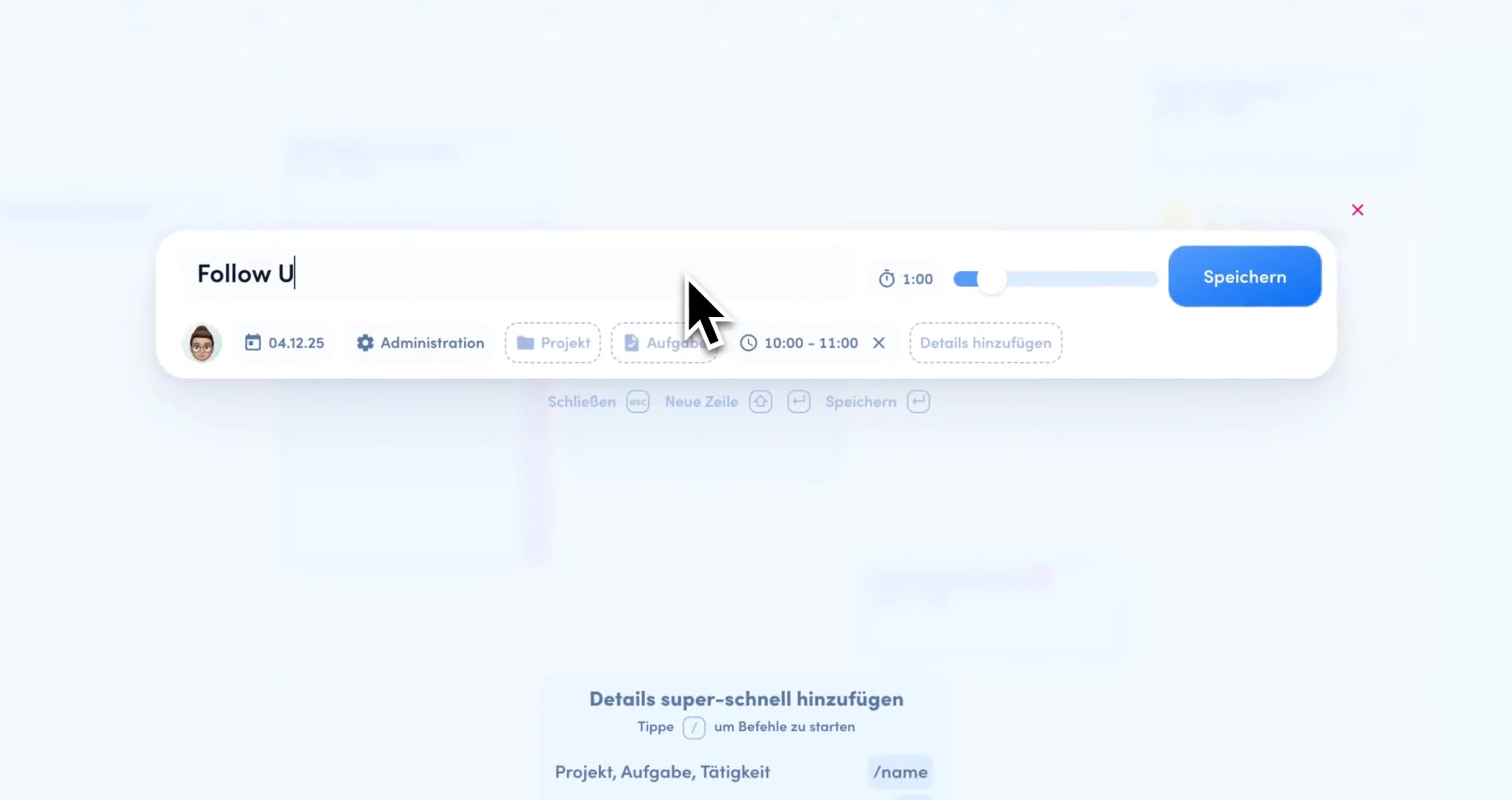 Time tracking in awork: type an entry, pick a duration, save