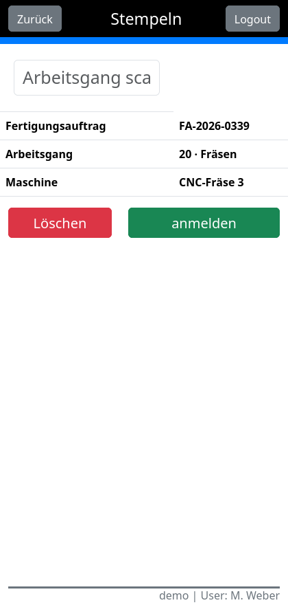 cayScan clocking (shop floor data capture): a production order with the milling operation at the CNC mill is clocked in by scan