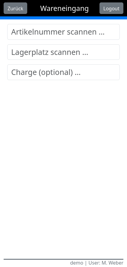 cayScan goods receipt: entry screen with large scan fields for article number, storage location and optional batch