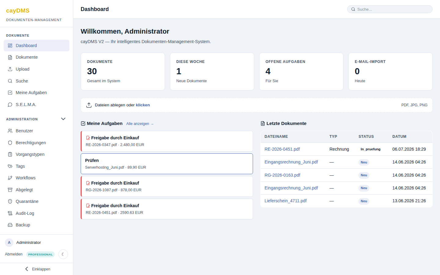 cayDMS dashboard with document counts, open tasks, upload zone and recent documents