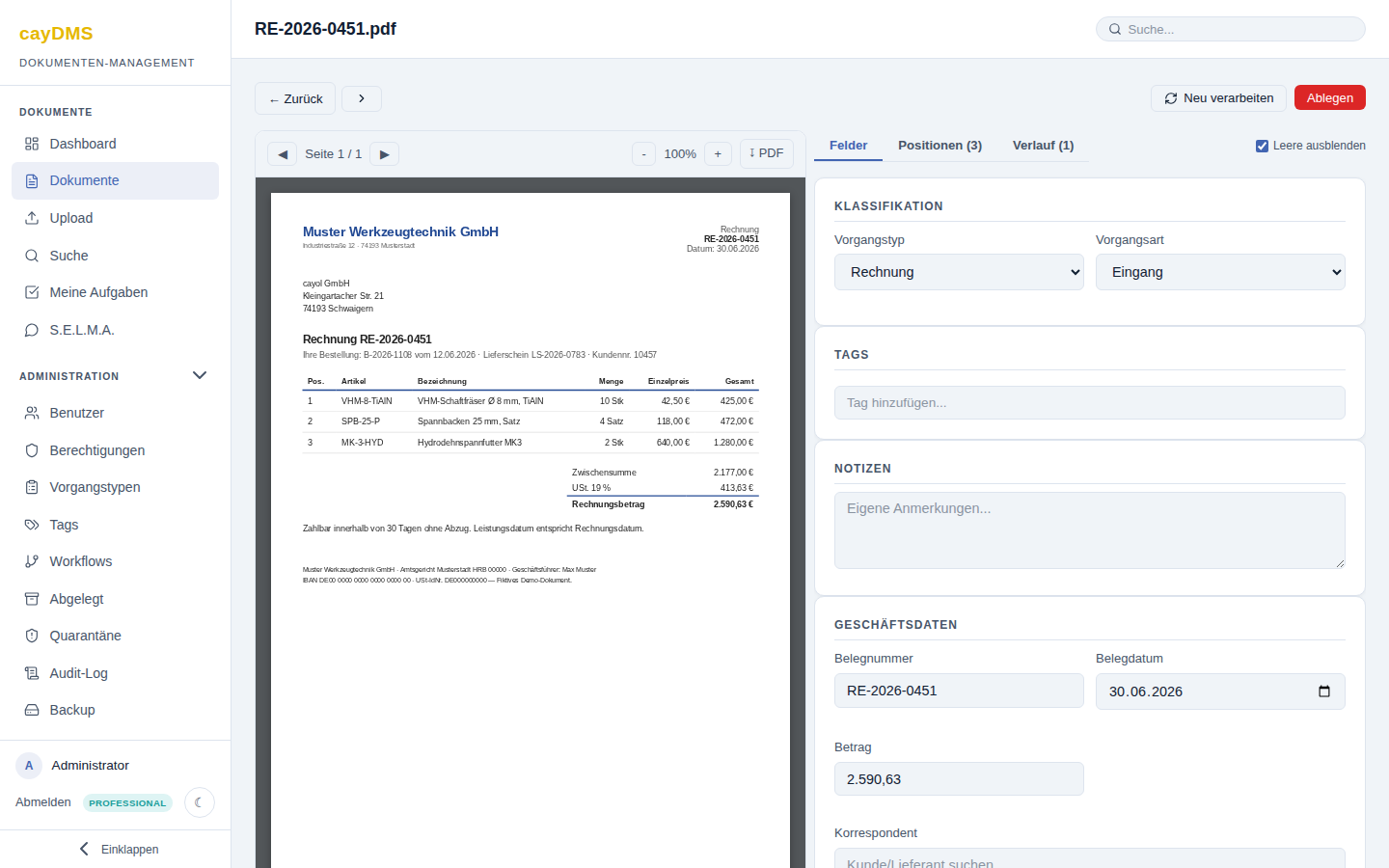 cayDMS document view: PDF viewer next to automatically recognised fields such as document number, date and amount