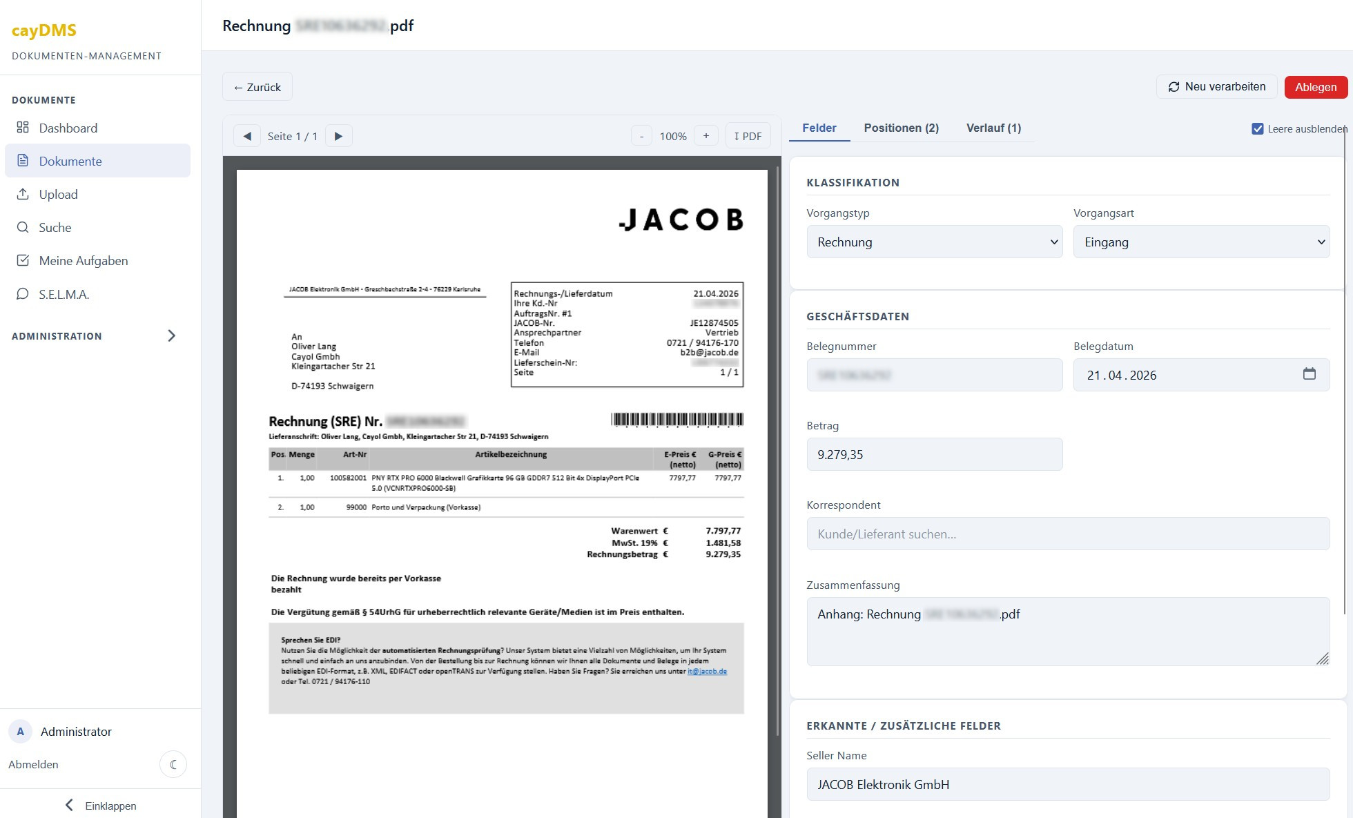 cayDMS document view with automatic classification