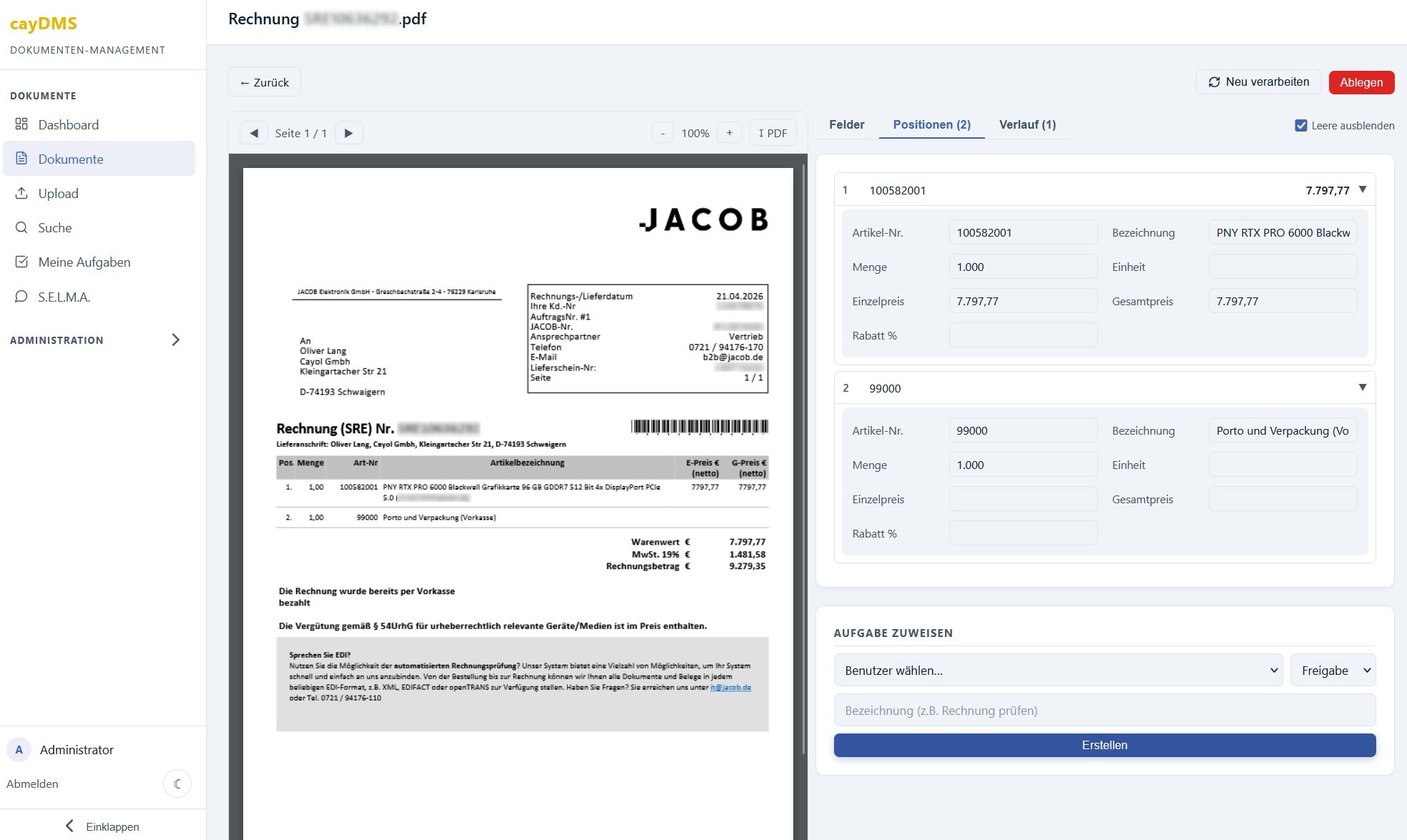 cayDMS line-item recognition with abas ERP matching