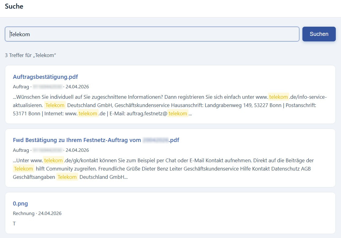 cayDMS full-text search with highlighted matches