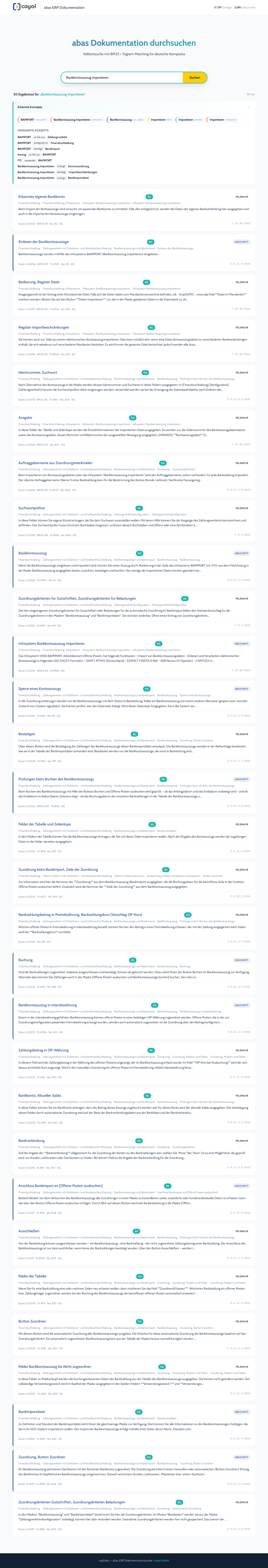 cayDoku search results for the query "import bank statement" with recognised concepts and ranked matches from the abas help