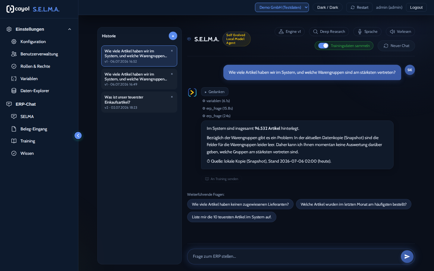 S.E.L.M.A. ERP chat with a question about the parts master, visible tool calls with runtimes, a collapsible thought block, a source reference with data snapshot and suggested follow-up questions (demo data)