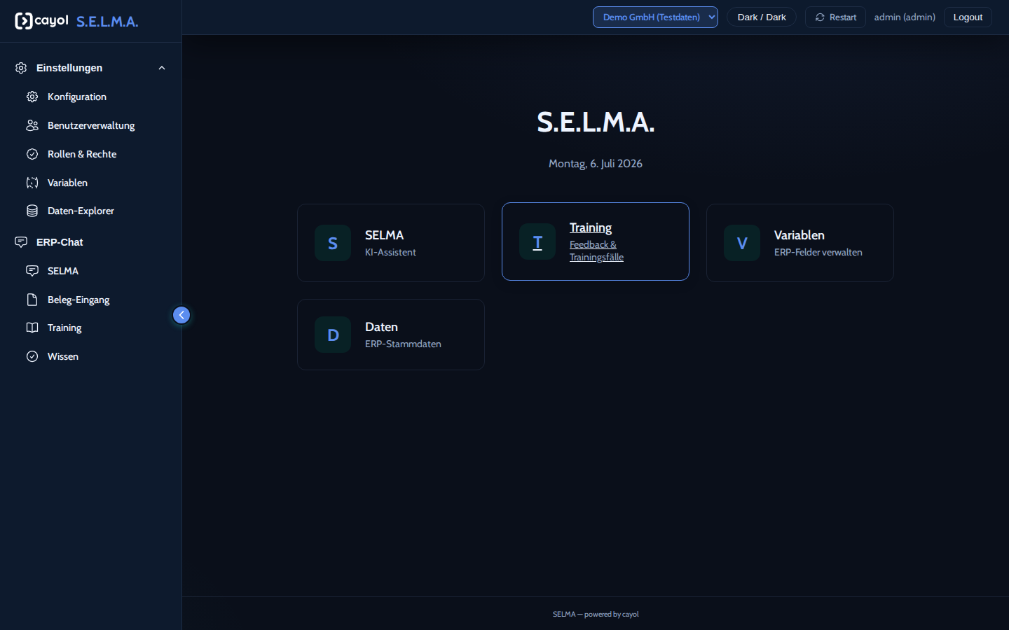 Home screen of the S.E.L.M.A. application with tiles for AI assistant, training, variables and ERP master data, plus the client selector at the top right