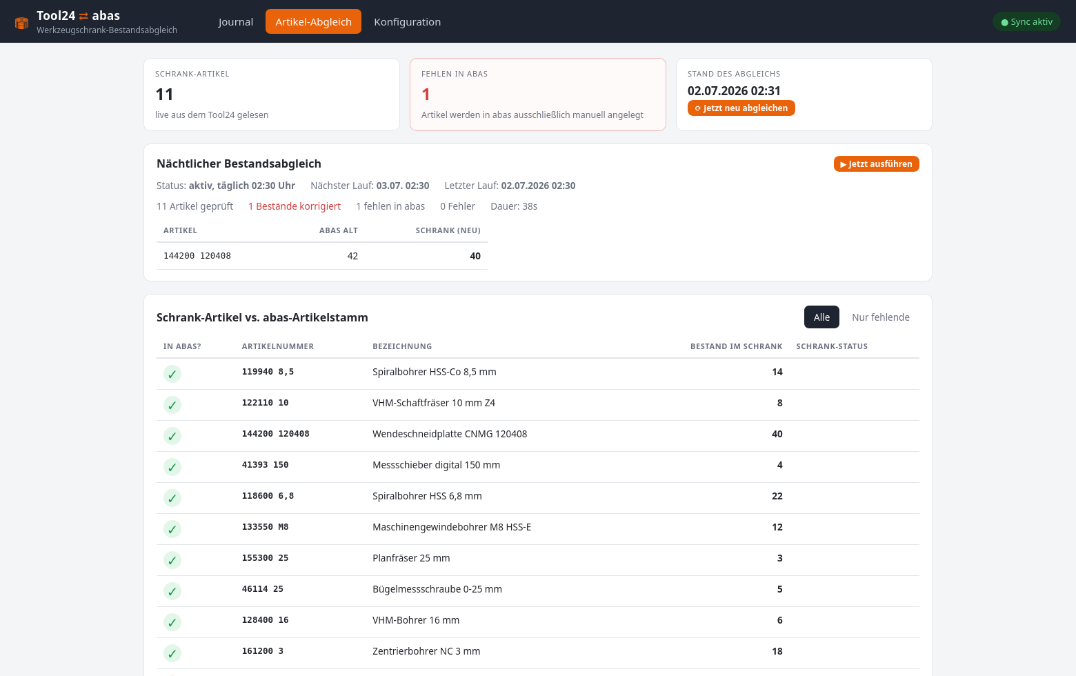 Article reconciliation of the Tool24-abas interface with nightly stock reconciliation and article list